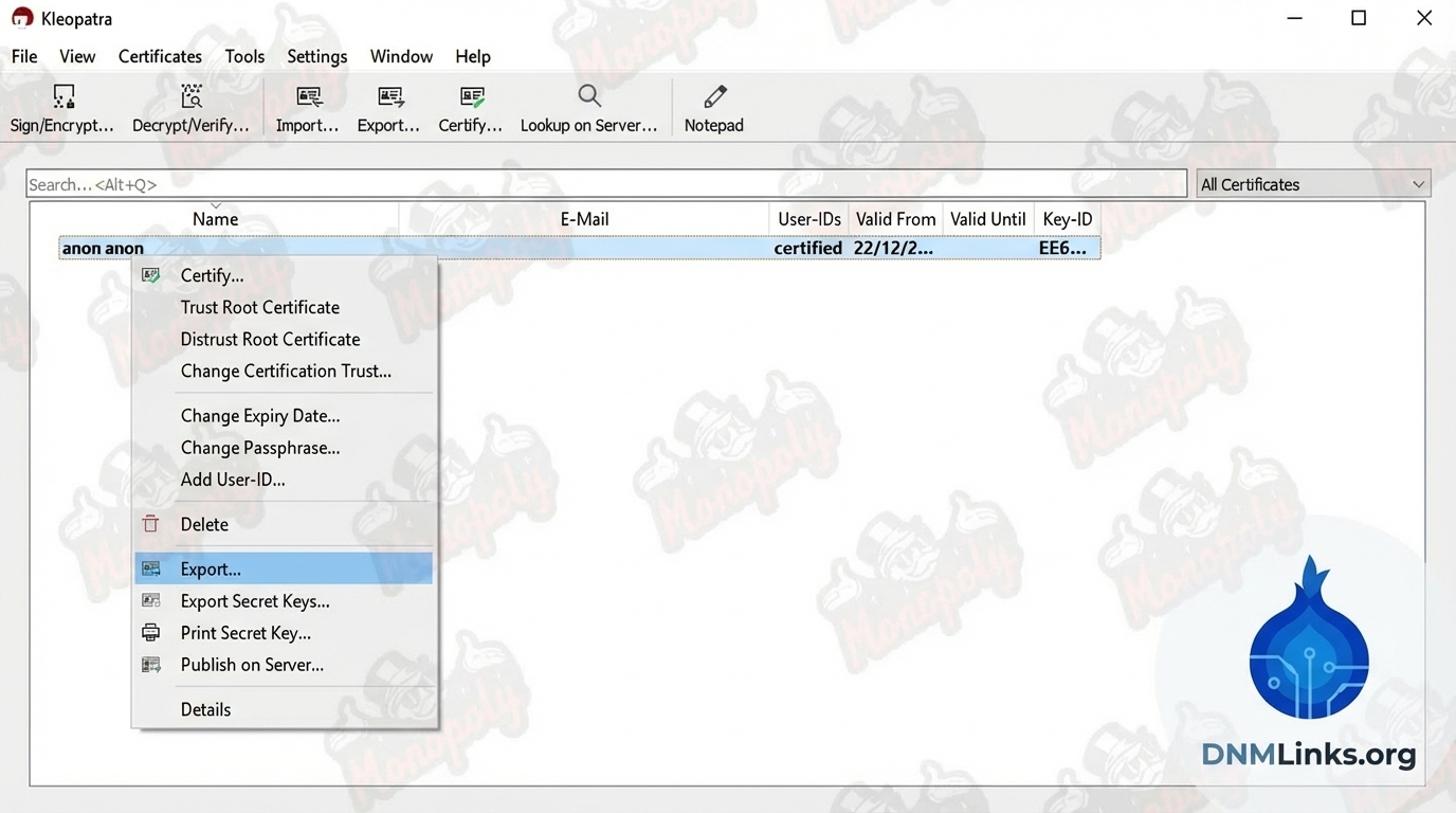 Kleopatra Export Public Key